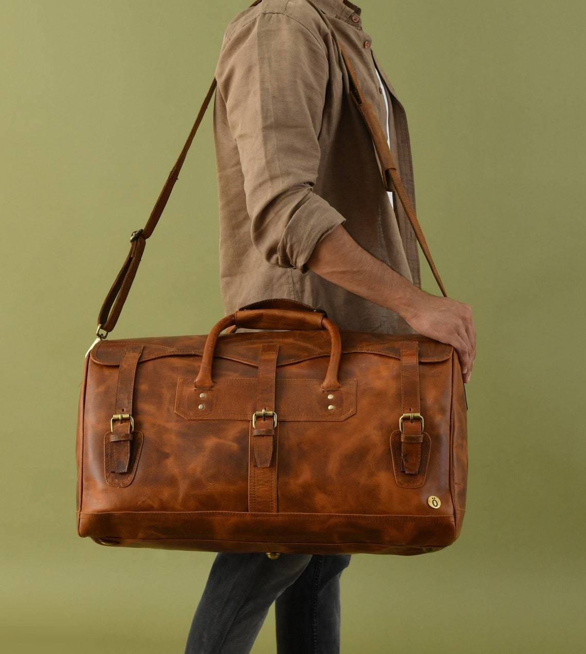monogrammed leather weekender bag