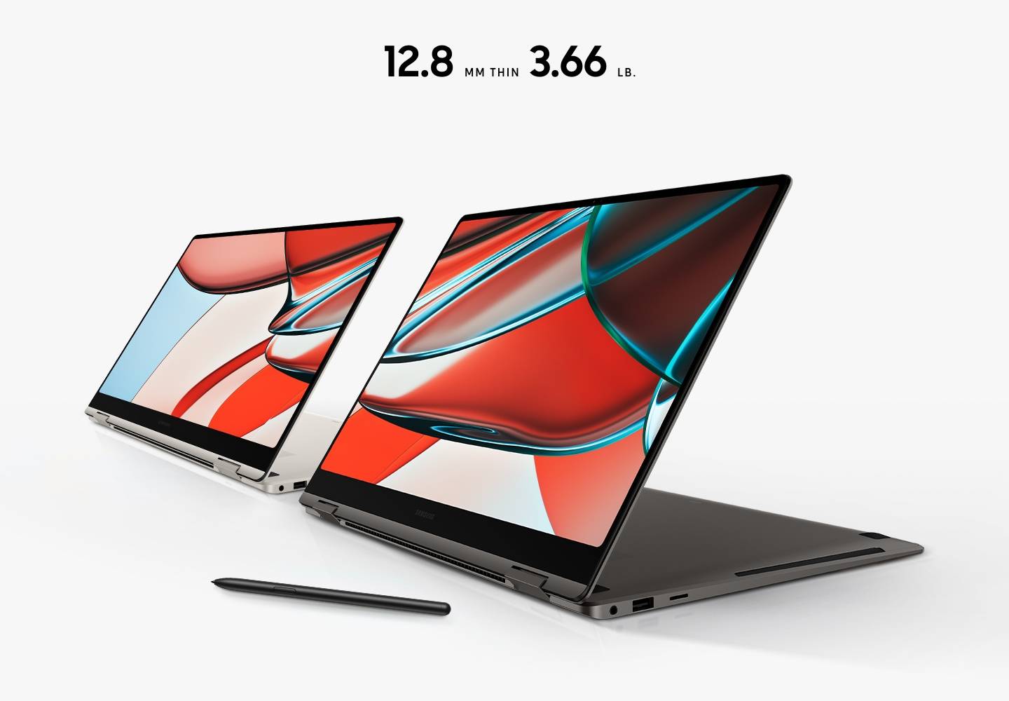 One beige-colored and one graphite-colored Galaxy Book3 Pro 360 devices are next to each other. Both are folded slightly back, with red and blue wallpaper onscreen. An S Pen is on the floor. "12.8MM THIN. 3.6 LB".