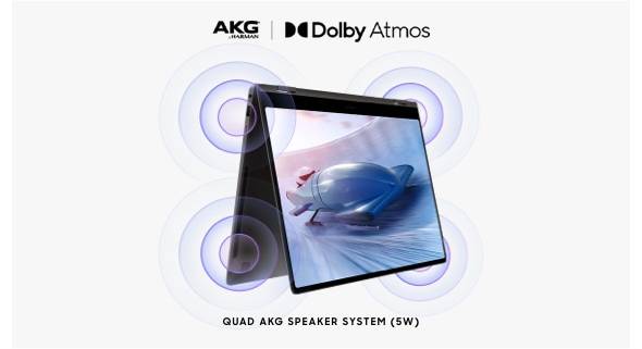 A graphite Galaxy Book3 Pro 360 is folded like a tent, facing slightly to the right with a bobsleigh shown onscreen and sound waves coming out of the four speakers. "QUAD SPEAKER SYSTEM". AKG by Harman and Dolby Atmos logos are shown.