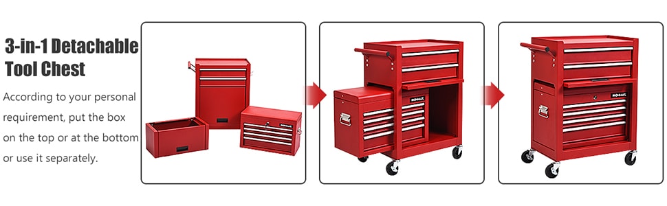 6-Drawer Rolling Tool Chest 3-in-1 Tool Storage Cabinet with Auto Locking System & Lockable Wheels