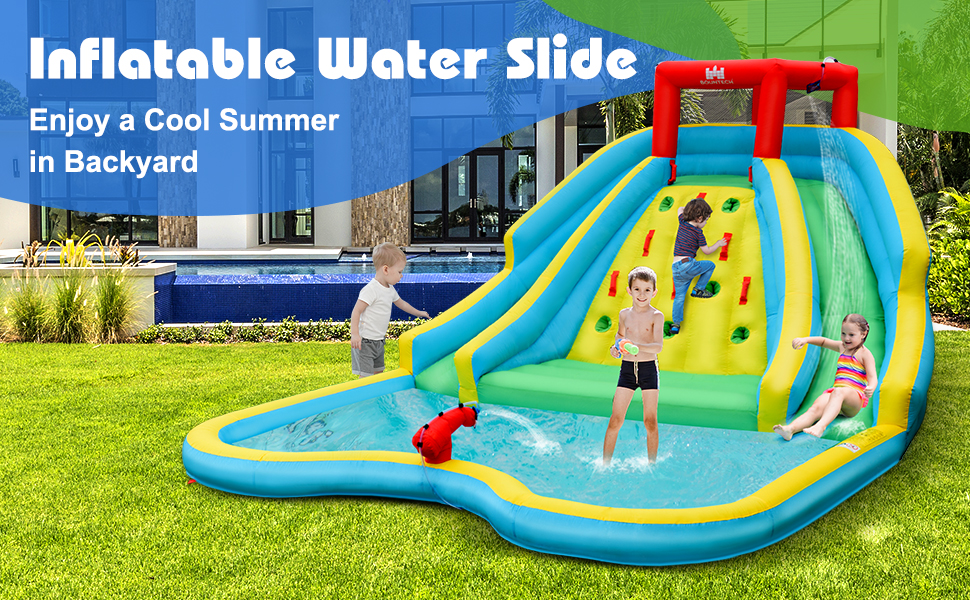with 750w Blower Climbing Wall & Splash Pool HONEY JOY Inflatable Water Slides Kids Jumping Bounce House w/2 Water Cannons & Hose Long Slides with Arch Outdoor Blow Up Water Park for Backyard 
