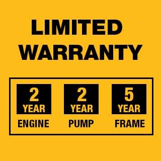Limited warranties include 2 Year Engine, 2 Year Pump, 5 Year Frame and 90 Day Accessory.