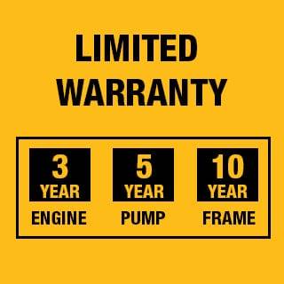 Limited warranties include: 3 Year Engine, 5 Year Pump, 10 Year Frame and 90 Day Accessory.